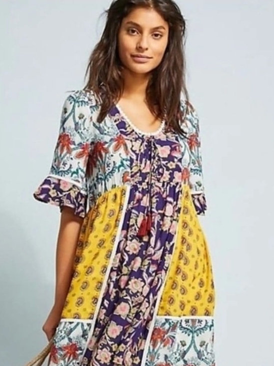 Anthropologie Tops - Anthropologie Lilka Patchwork Floral Tunic - Yellow, Purple, Blue